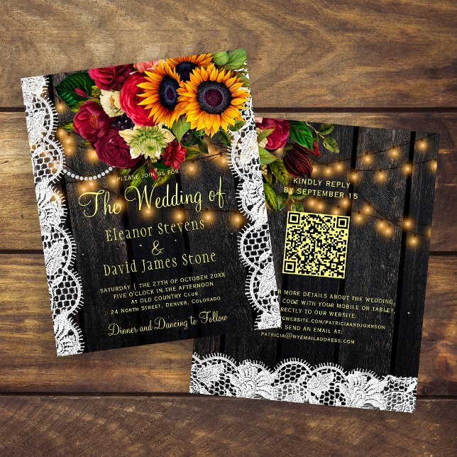 Convite de casamento de madeira floral rústico QR  (Criador carregado)