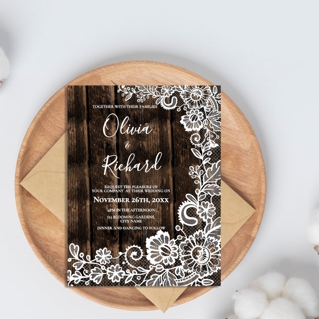 Convite de Casamento de Madeira Rústica com Renda  (White Lace Floral Rustic Wood Wedding Invitation Postcard)