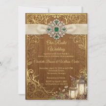 Convite de Casamento de Madeira Rústica em Ouro Lu