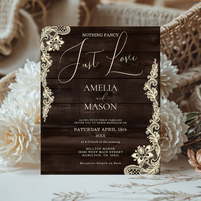 Convite de Casamento de Madeira Rústico Econômico  (Budget Rustic All in One Wood  and Lace Nothing Fancy Just Love Wedding Invitation)