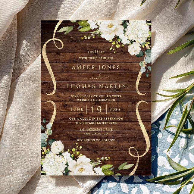 Convite de Casamento de Madeira Rústico Floral Mar (Criador carregado)