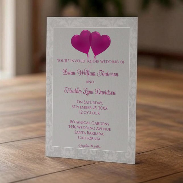 Convite De Casamento De Magenta Heart Balloons (Magenta Heart Balloons Wedding Invitation)