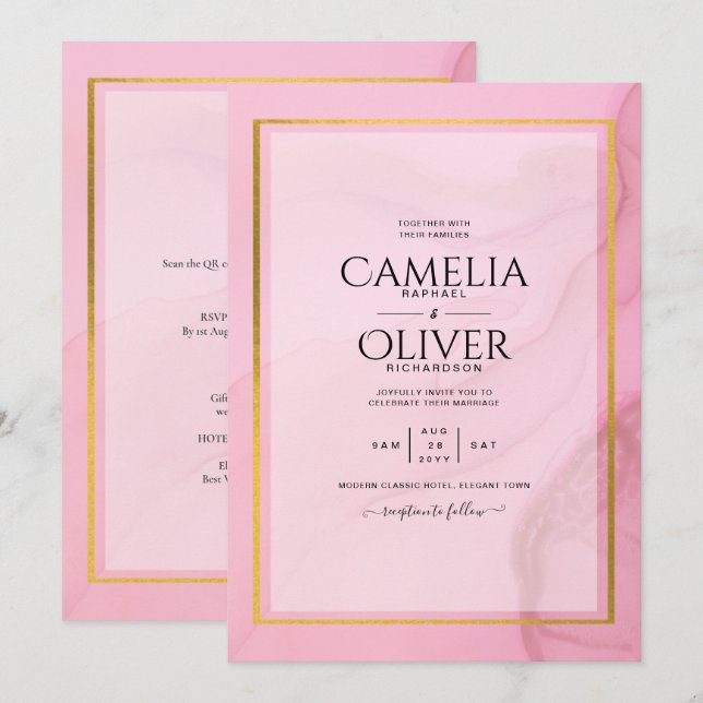Convite de casamento de Mão Dourada rosa branco Le (Frente/Verso)