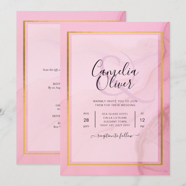 Convite de casamento de Mão Dourada rosa branco Le (Frente/Verso)