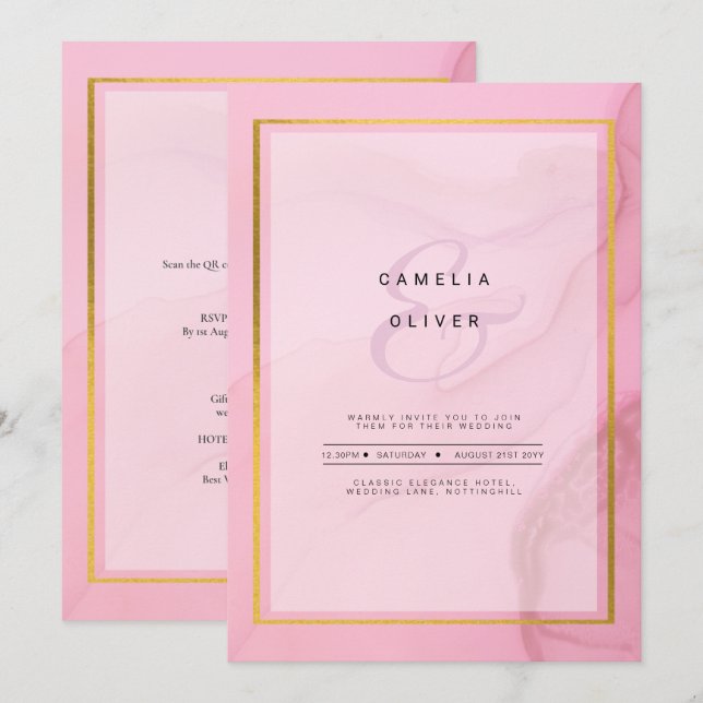 Convite de casamento de Mão Dourada rosa branco Le (Frente/Verso)