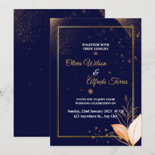 Convite de casamento de marinho com cores douradas