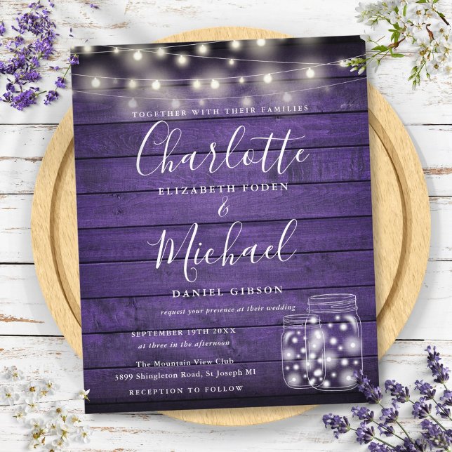Convite De Casamento De Mason Jars Roxo De Orçamen (Budget Purple Wood Mason Jars Wedding Invitation)