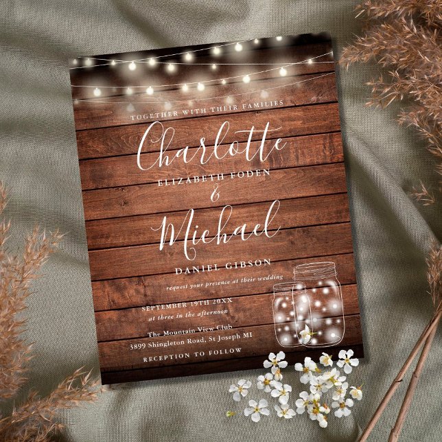 Convite De Casamento De Mason Jars, Rustic Wood Or (Criador carregado)