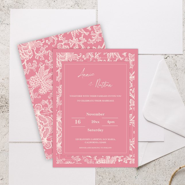 Convite De Casamento De Moldura Floral Cor-De-Chic (Chic Trendy Pink Floral Frame Wedding Invitation)