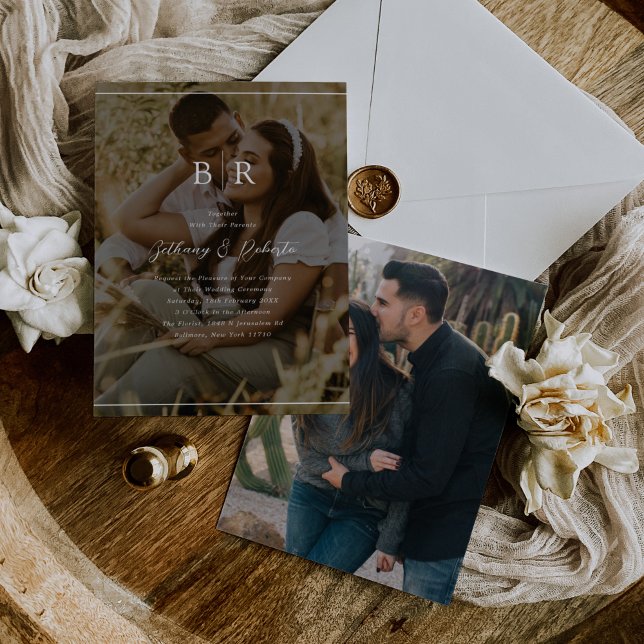 Convite de Casamento de Monograma de Foto Minimali (Criador carregado)