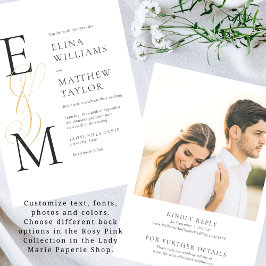 Convite de casamento de Monograma Dourado Elegante