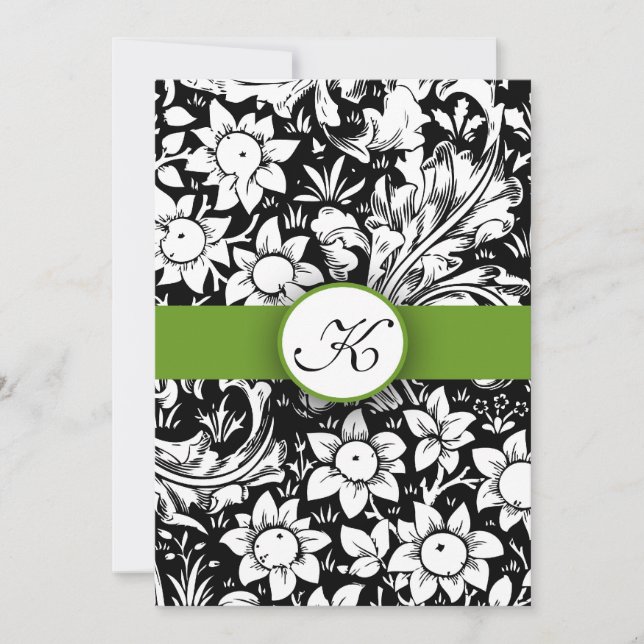 convite de casamento de monograma elegante e verde (Frente)