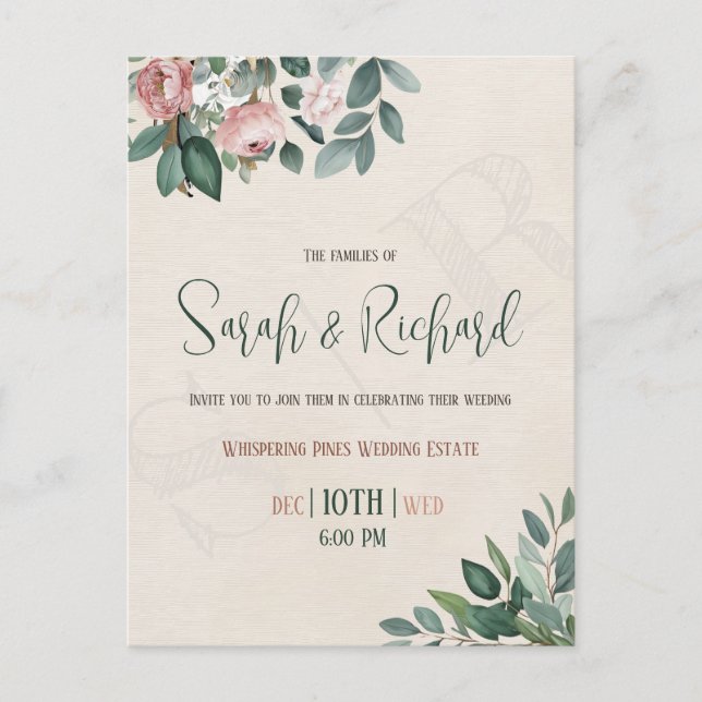 Convite De Casamento De Monograma Floral De Blush  (Frente)