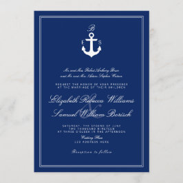 Convite de casamento de Monograma Náutico Azul Mar