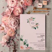 Convite De Casamento De Monograma Rosa-Floral Blus