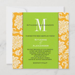Convite De Casamento De Monograma Verde De Damasco