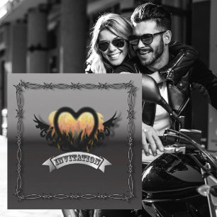 Convite de Casamento de Motoqueiro Flames Heart Ro