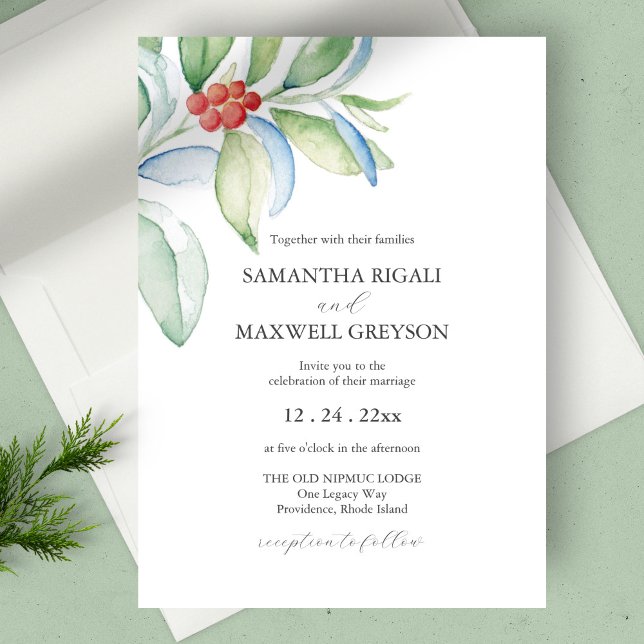 Convite de Casamento de Natal Aquarela Verde (Christmas wedding invitation botanical berries unique watercolor art by Victoria Grigaliunas)