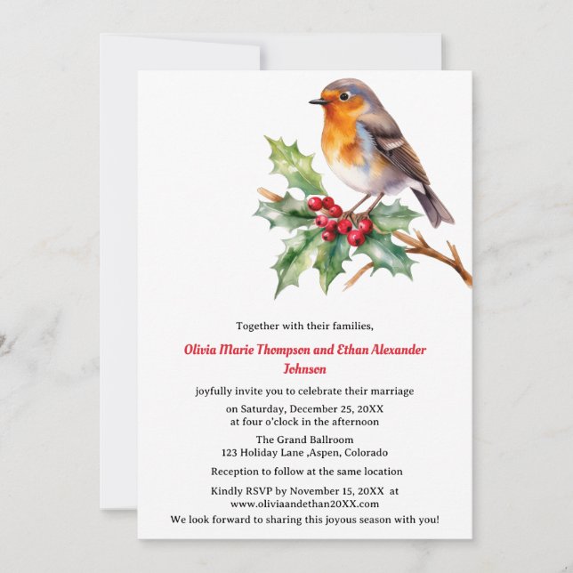 Convite de casamento de Natal com robin em aquarel (Frente)