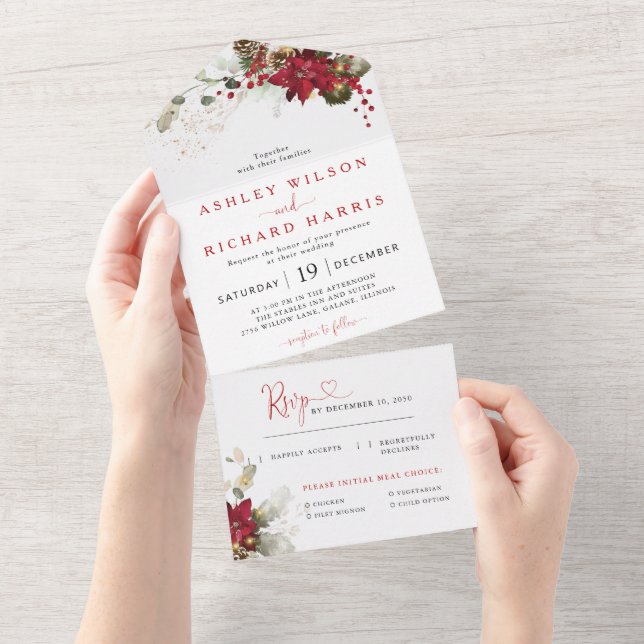 Convite de Casamento de Natal Floral Vermelho Tudo (Aba destacável)