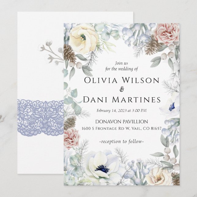 Convite De Casamento De Natureza Floral Azul Blush (Frente/Verso)