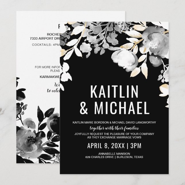 Convite de Casamento de Noite Floral (Preto e Dour (Frente/Verso)