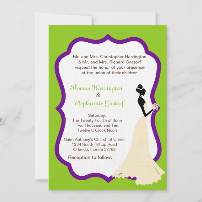 Convite de casamento de noiva verde elétrica 5x7 (Frente)