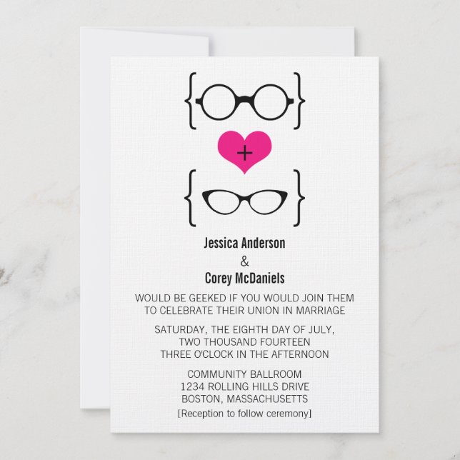 Convite De Casamento De Óculos Geeky Rosa (Frente)