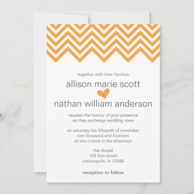 Convite De Casamento De Orange Chevron (Frente)