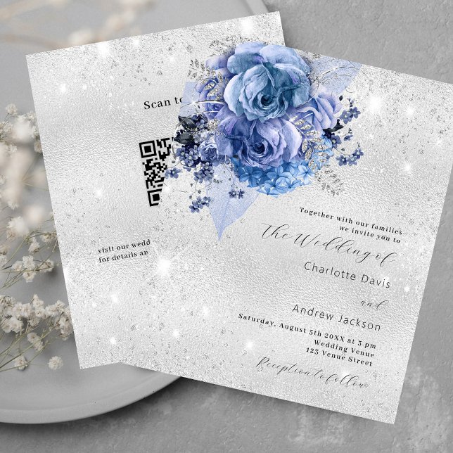 Convite de casamento de orçamento RSVP de QR azul  (Criador carregado)