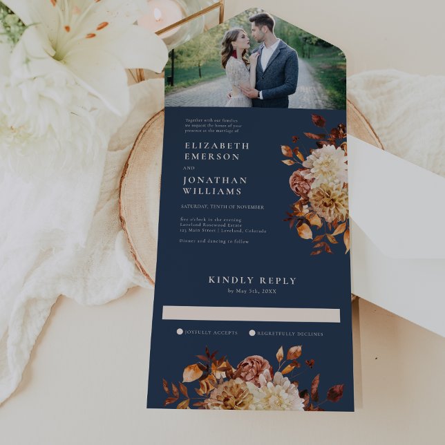 Convite de Casamento de Outono Azul-Marinho com Fo (Navy Blue Fall Wedding Photo All In One Invitation by Painted Paperie
)