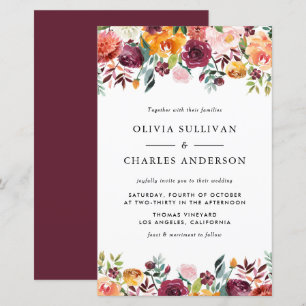 Convite de Casamento de Outono com Flores em Aquar