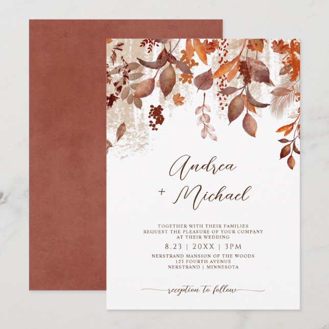 Convite de casamento de outono com folhas de outon (Frente/Verso)