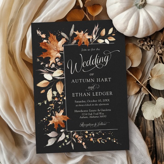 Convite de Casamento de Outono com Folhas em Aquar (Elegant watercolor Autumn leaves modern black orange rust Fall QR code rsvp wedding invitation)