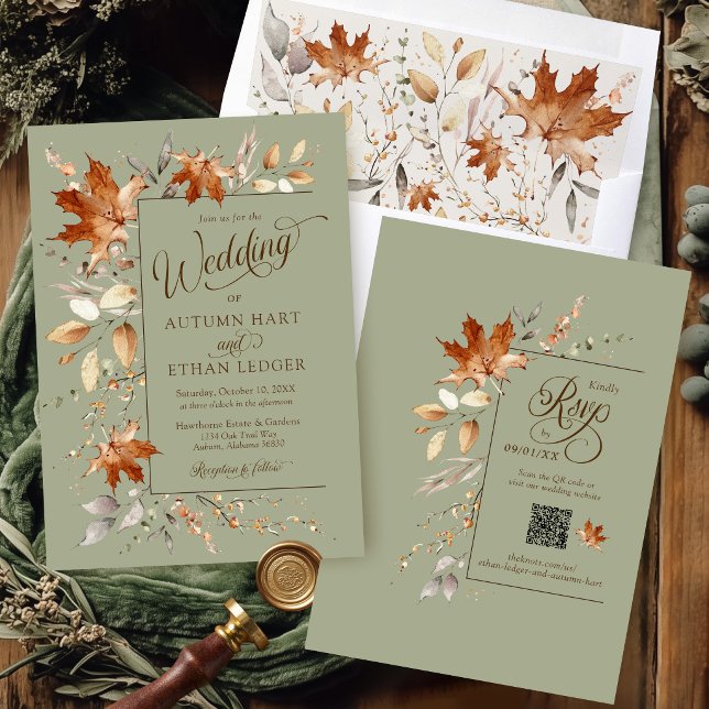 Convite de Casamento de Outono em Aquarela Folhas  (Elegant watercolor Autumn leaves modern sage green boho rustic Fall leaf QR code wedding invitation)