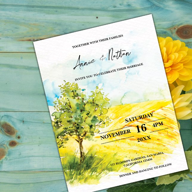 Convite de casamento de Paisagem Amarela Brilhante (Bright Yellow Landscape Farmland Wedding Invite)