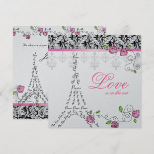 Convite de casamento de Paris, Rosas Rosa, Preto, 