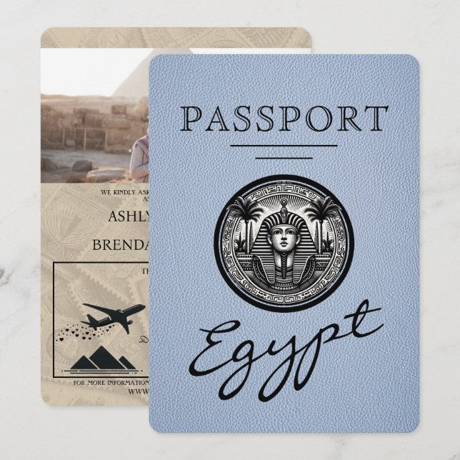 Convite de casamento de passaporte azul empoeirado (Frente/Verso)