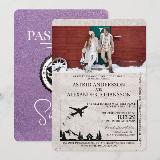 Convite de Casamento de Passaporte de Suecia Roxo  (Frente/Verso)