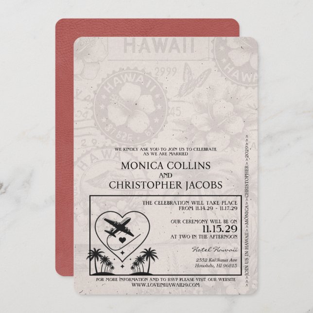 Convite De Casamento De Passaporte Hawaii Light Bu (Frente/Verso)