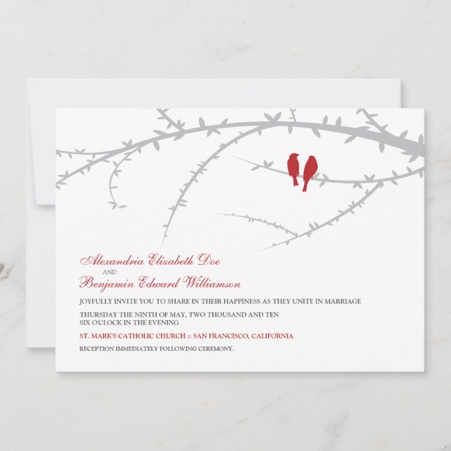 Convite de Casamento de Pássaros de Amor (vermelho (Frente)