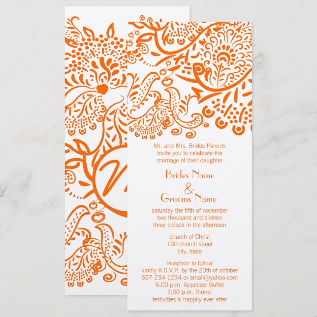 Convite de Casamento de Pássaros do Amor Laranja (Frente/Verso)