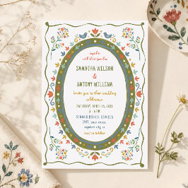 Convite de Casamento de Pássaros Florais Folclóric
