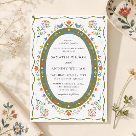 Convite de Casamento de Pássaros Florais Folclóric