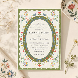 Convite de Casamento de Pássaros Florais Folclóric