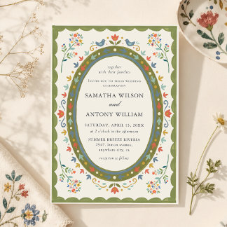 Convite de Casamento de Pássaros Florais Folclóric