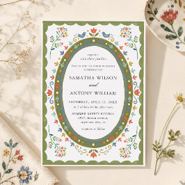 Convite de Casamento de Pássaros Florais Folclóric