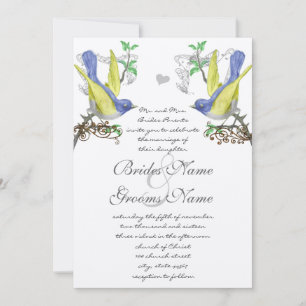 Convite de Casamento de Pássaros Vintage Azul e Am