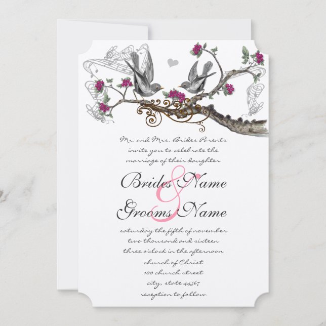 Convite de Casamento de Pássaros Vintage Fuchsia e (Frente)