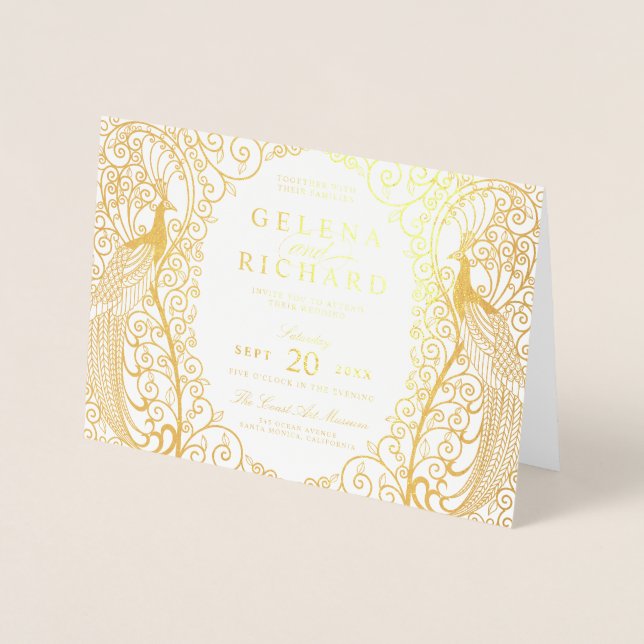 Convite De Casamento De Pavão De Arte Dobra Elegan (Frente)